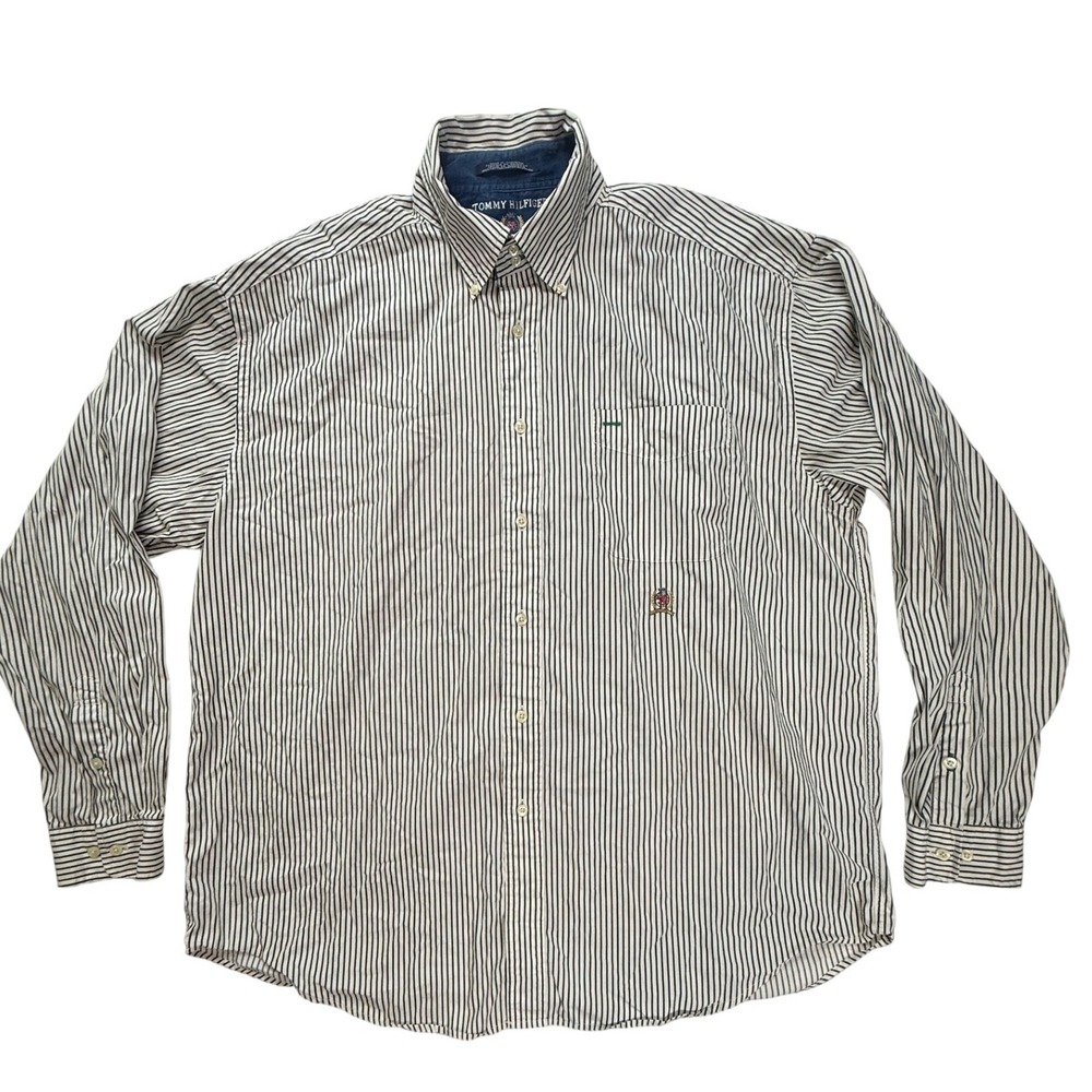 Tommy Hilfiger Mens XL Striped Button Down Shirt‎ Navy White Crest Logo Cotton